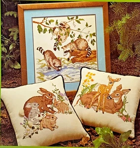 Forest Babies Cross Stitch Needlepoint Book Fox Owl Racoon Deer Rabbit Vintage - Picture 1 of 7