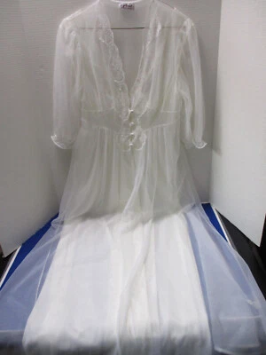 Vintage 1980's Gilead 2 Pc White Peignoir Negligee Set Sheer Glam Size Large - Image 1 of 4