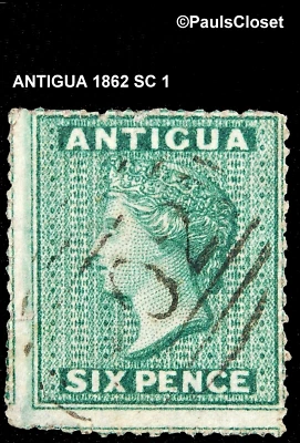 ANTIGUA 1862 SC 1 QUEEN VICTORIA USED NO GUM 6p BLUE GREEN FINE - Image 1 of 2