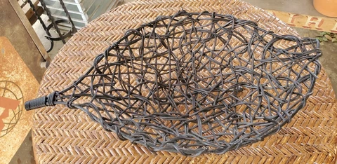 Gorgeous Mid Century Vintage Leaf Shaped Black Twig Wicker Basket Iron Ball Feet Cover