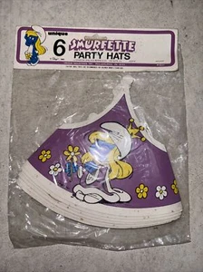 VINTAGE LOT OF NEW SEALED SMURF SMURFETTE PARTY HATS PKG OF 6 - Picture 1 of 3