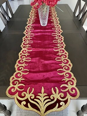 Table Runner: 85 x 20 inches approx. Red background with Gold Silk Embroidery - Image 1 of 4