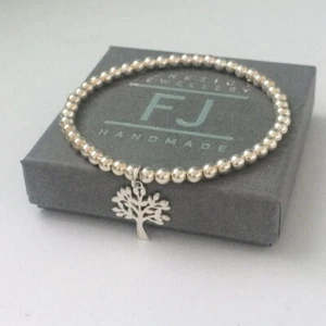 Sterling Silver Stretch Beaded Bracelet, Tree of Life Charm Gift Boxed, Handmade - Picture 1 of 8