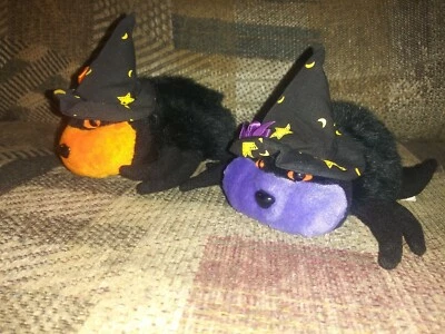 2 Fiesta Spider Plush 5" With Witches Hat Halloween Black Orange Purple Beanbag - Image 1 of 4