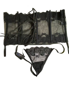 Allure Lingerie Corset + Thong Women's 2X/3X Lace Up Black Lace Waist Trainer - Picture 1 of 6