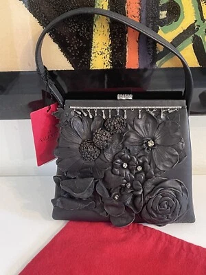 VALENTINO GARAVANI BLACK LEATHER FLORAL APPLIQUÉ RHINESTONE EVENING HANDBAG - Image 1 of 4