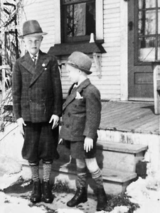Vintage 1950s Photo Two Cute Boys Brothers in Suits Hat Fedoras Short Pants - Picture 1 of 3