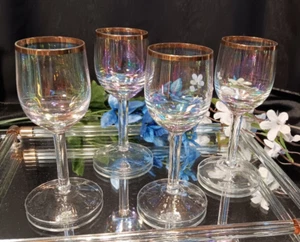 Juego de 4 vasos de aperitivo cordial iridiscentes con montura dorada - Imagen 1 de 7