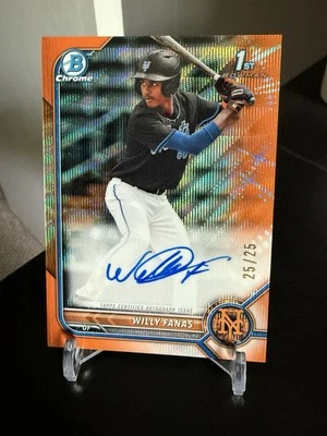 2022 Bowman Chrome Prospects Willy Fanas 1st Auto Orange Wave Refractor /25 Mets - Image 1 of 2