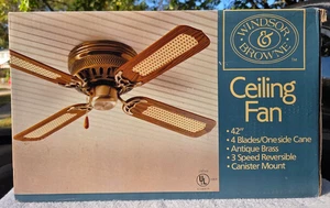 Vintage Ceiling Fan Windsor & Browne Brass One Side Cane Wicker 850 Sealed NOS - Picture 1 of 6