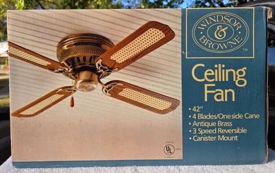 Vintage Ceiling Fan Windsor & Browne Brass One Side Cane Wicker 850 Sealed NOS - Image 1 of 4