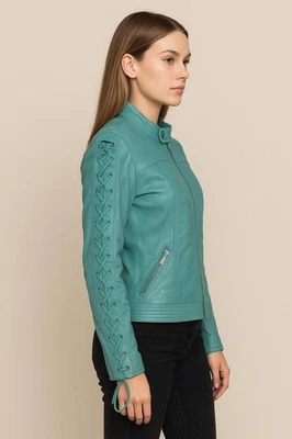 Scully XXL Aqua Leather Lace-Up Sleeve Moto Jacket Boho Western Style Cowgirl - Image 1 of 4