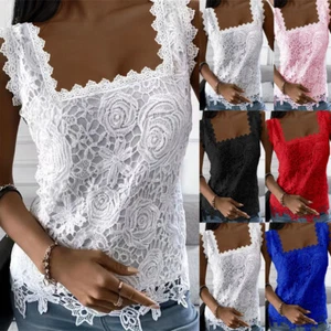 Womens Lace Tank Tops Vest Ladies Summer Casual Party Sleeveless T Shirt Blouse - Picture 1 of 26