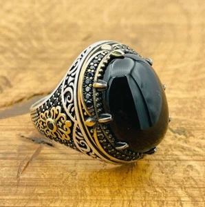 Black Onyx Oval Stone Mens Ring, 925K Sterling Silver Men Jewelry, All Sizes - Picture 1 of 9