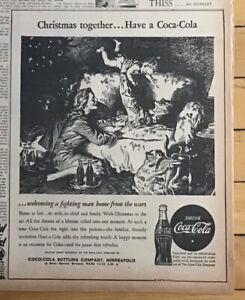 Large 1945 newspaper ad for Coca-Cola - Christmas Together, soldier home, WW2
