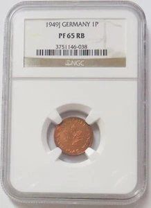 1949 J GERMANY FEDERAL 1 PFENNIG 250 MINTED COIN NGC PROOF 65 RED BROWN - Picture 1 of 1