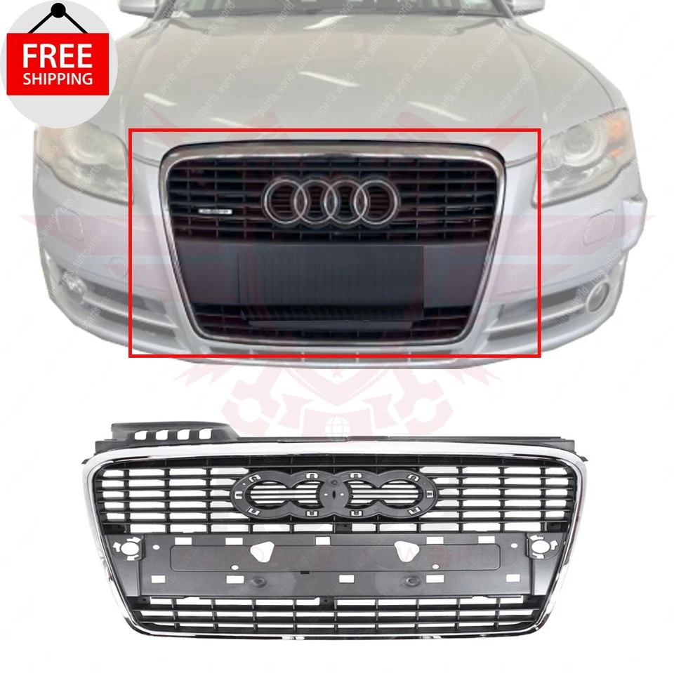 New Front Grille Assembly Chrome Shell with Gray Insert For 2005-2009 Audi A4 — 第 1/4 张图片