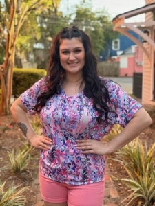 Rosa Boho T-Shirt Abstrakt Blumenmuster V-Ausschnitt - Bild 1 von 2