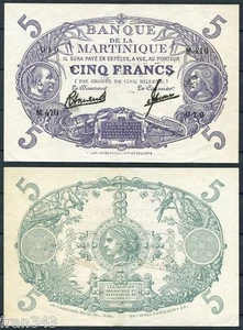 MARTINICA MARTINIQUE 5 Francs 1934 1945 Ley 1901 Pick 6 EBC / XF - Picture 1 of 1