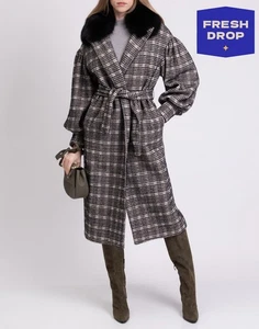 RRP €380 UN_FURTIVE Overcoat IT42 US6 UK10 M Belted Black Plaid Fox Fur Collar - Picture 1 of 11