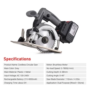 Sierra circular inalámbrica sin escobillas 21V 7800 RPM 4,0Ah cargador rápido de batería 45 RGZN - Imagen 1 de 5