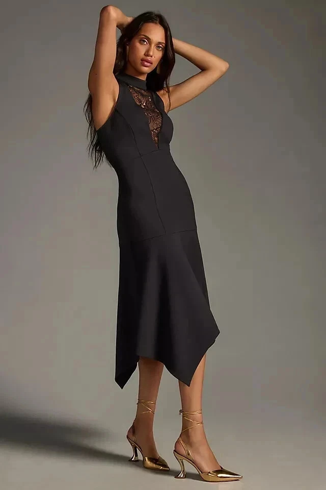 Anthropologie Mock-Neck Lace Insert Fit & Flare Midi Dress Size L Black - Image 1 of 4