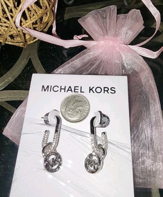 Michael Kors Silvertone MK Logo Crystals Huggie Dangle Empire Earrings $129 NWT! - Image 1 of 4