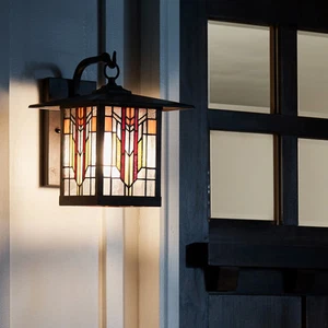 River of Goods Prairrie Style Stained Glass Black 1-Light Clear/Red/Amber 10.75" - Picture 1 of 5