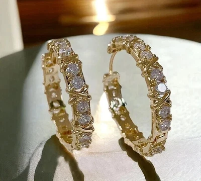 14K Yellow Gold Plated 2Ct Round Cut Lab Created Diamond Women's Hoop Earrings - Image 1 of 4