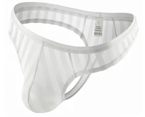 Mens Large Sexy White Stripe Pouch Nylon Thong G String T Back Lingerie Gay UK - Picture 1 of 4
