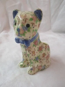 Vintage Japan Calico Cat Planter Figurine blue Bow - Picture 1 of 5