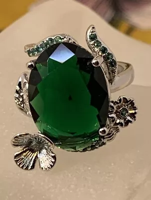 Exklusiver einzigartiger Damenring in Silber Color mit Smaragd Steinen und Blüte - Bild 1 von 3