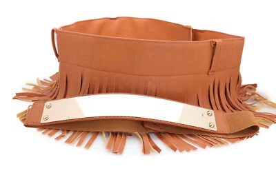 Mujeres Beige Marrón Color Negro Imitación Cuero Falda Corbata Flecos Cinturón Metal Dorado S M Foto 1 de 4