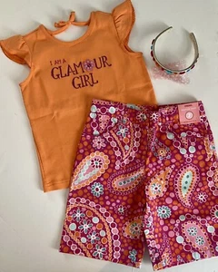 NWT Girls 7 Gymboree “SPRING SPARKLE” Cotton Orange GEMS TOP SHORTS HEADBAND Set - Picture 1 of 9