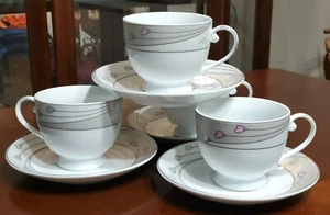 4 Bright Future Gold Luxury Tea Cups & Saucers White & Silver Swirls Pink Hearts - Picture 1 of 11