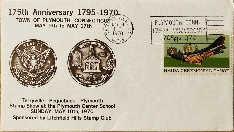 FDC~1970 175th ANNIVERSARY PLYMOUTH, CONN. LITCHFIELD STAMP CLUB~HAIDA CANOE - Image 1 of 1