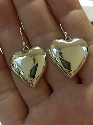 Pendientes colgantes Taxco de plata de ley 925 corazones hinchados 8,7 g 1" x 1" Foto 1 de 4