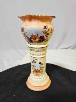 Hermoso jardinero y pedestal naranja púrpura flores porcelana pintada a mano 2 piezas Foto 1 de 4