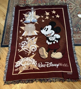 Vtg Walt Disney World Mickey Mouse Throw Blanket Woven Cinderella Castle Epcot - Picture 1 of 13