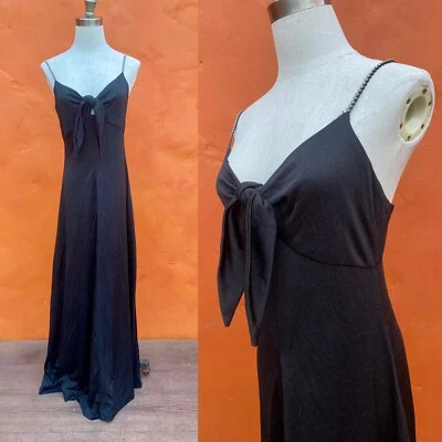 Vestido maxi preto vintage década de 1970 peekaboo strass festa coquetel clube discoteca - Imagem 1 de 4