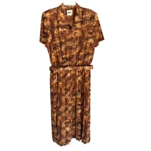 Vintage LESLIE FAY DRESSES Camel Brown Belted Pleated Secretary Dress, Size 16 - Picture 1 of 12