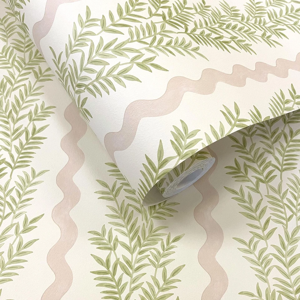 Foliage Stripe Wallpaper Leaf Wave Textured Washable Cream / Blush Holden 13960