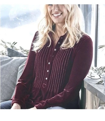 COLDWATER CREEK Borgoña Terciopelo Pintuck Túnica Top Manga Larga Botón Delantero Talla XL Foto 1 de 4