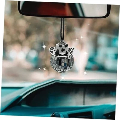 Accesorios de coche con estampado de vaca negra, bola de discoteca, adorno de espejo de bola, estampado negro Foto 1 de 4