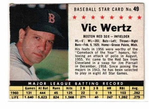 1961 Post Cereal, #49, Vic Wertz, Boston Red Sox, Box, No Creases, Print Line - Picture 1 of 2