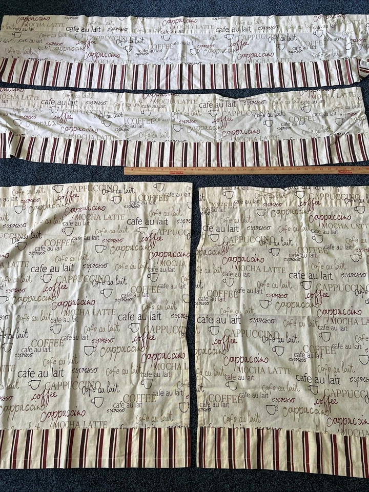 Coffee Themed Valance & Panel Set 53“ X 11.5” 34“ X 27“ Beige Khaki Wine Red - Image 1 of 4