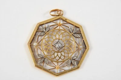 N94G08- Gold 585 14kt Anhänger Altschliff Diamanten und Perlen - Bild 1 von 4