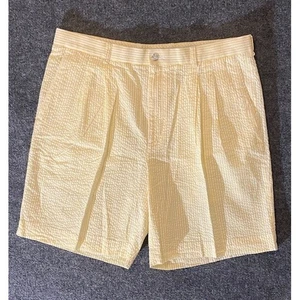 Oxford Golf Seersucker Shorts Mens 36 Yellow Striped Pleated Casual Summer - Picture 1 of 12