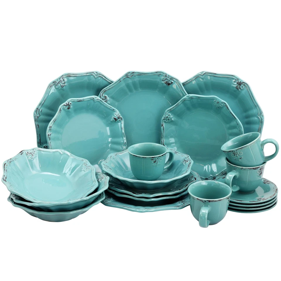 Elama Fleur De Lys 20pc Round Scalloped Stoneware Dinnerware Set in Turquoise