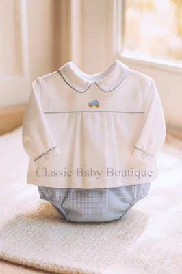 NWT Petit Ami White Blue 2pc Car Long Sleeve Diaper Set Newborn Baby Boys NB - Image 1 of 4